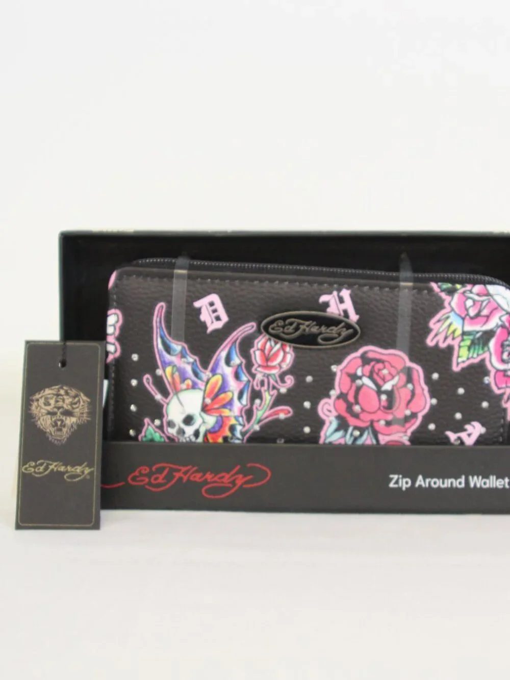 Ed Hardy Tattoo Rose Skull Zip Around Wallet‎ Keychain Set NWT Y2K